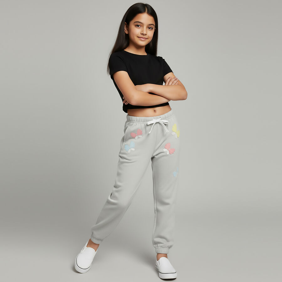 Girls' Light Grey Butterfly Embroidered Elastic Waist Pyjama, हल्का हरा, large image number null