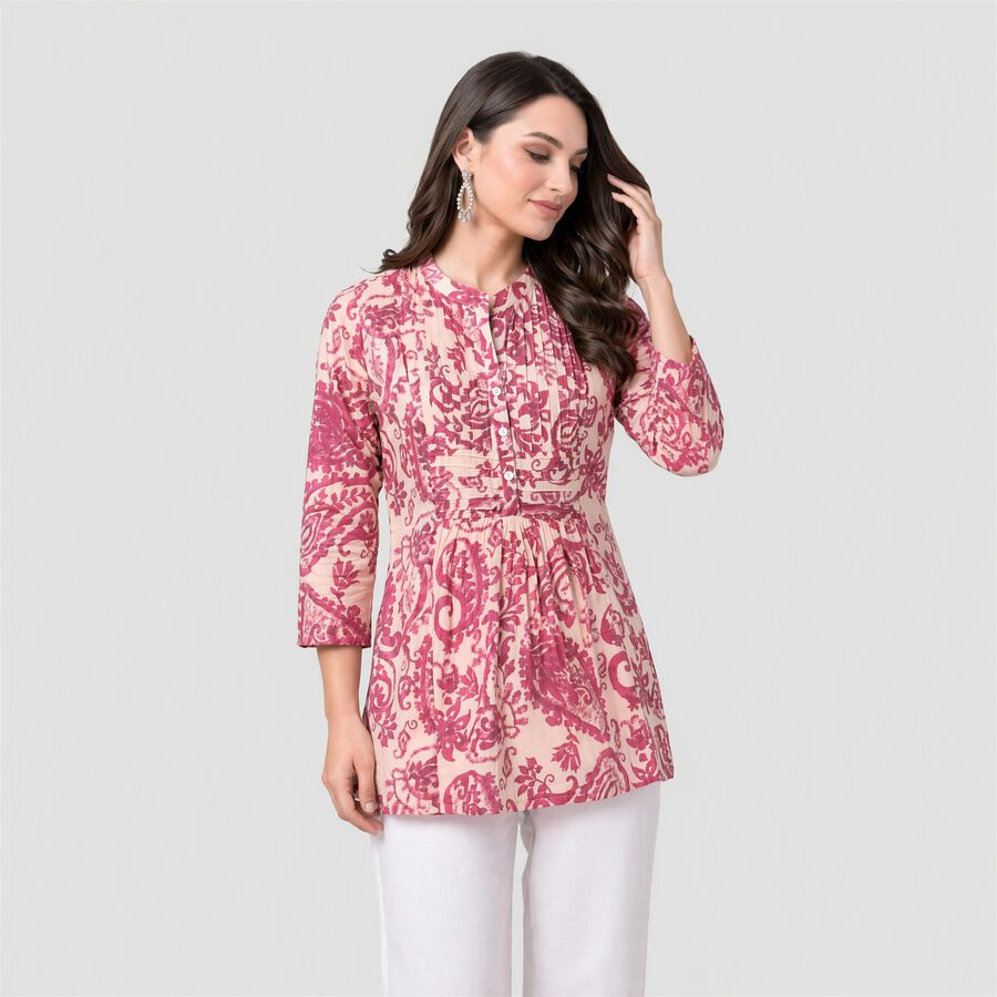 Women's Pink Band Collar Printed Kurti, हल्का गुलाबी, large