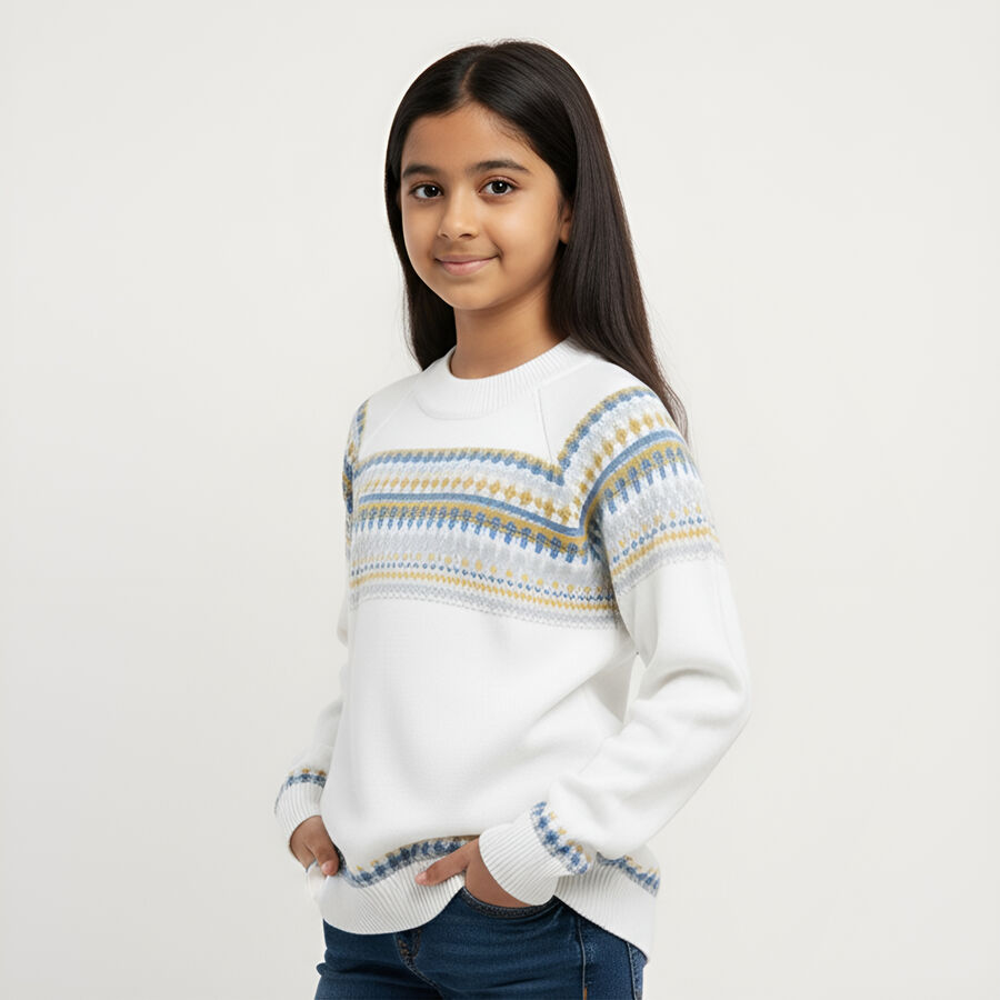 Girls' Rich Eggshell White Crew Neck Casual Pullover, White, large image number null