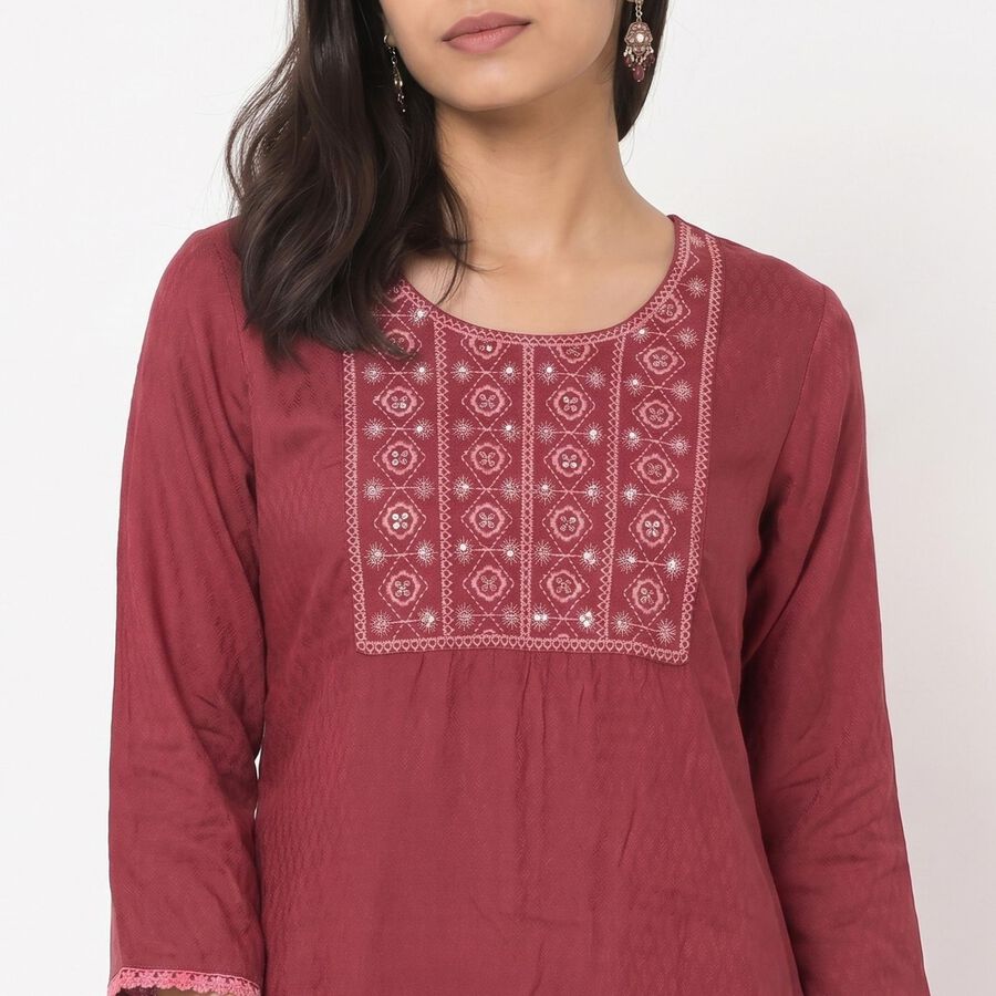 Women's Purple Round Neck Embroidered Kurta, Purple, large