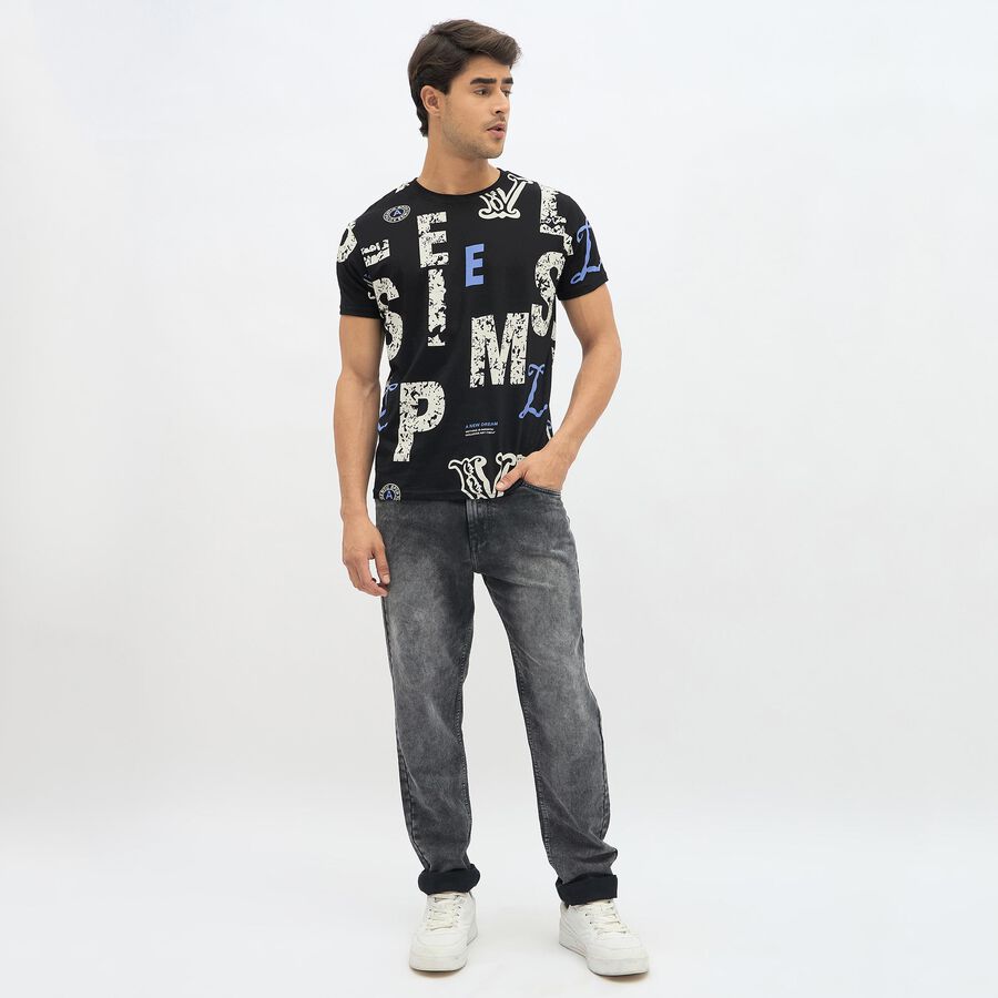 Men's Jet Black Cotton Round Neck Graphic T-Shirt, काला, large