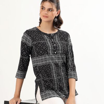 Women's Jet Black Round Neck Printed Kurti