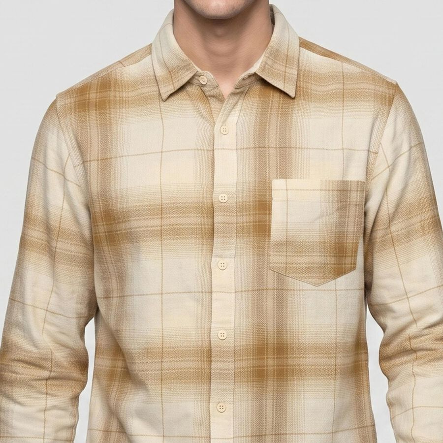 Men's Beige Cotton Long Sleeves Collar Casual Shirt, गहरा पीला, large