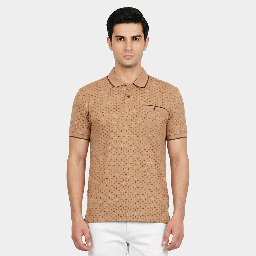 Men Brown Cotton Polo Neck Printed T-Shirt, भूरा, large