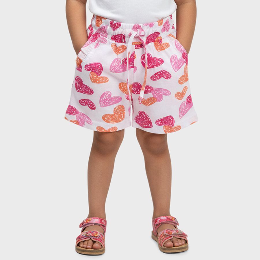 Girls' White Heart Print Elastic Waist Shorts, सफ़ेद, large