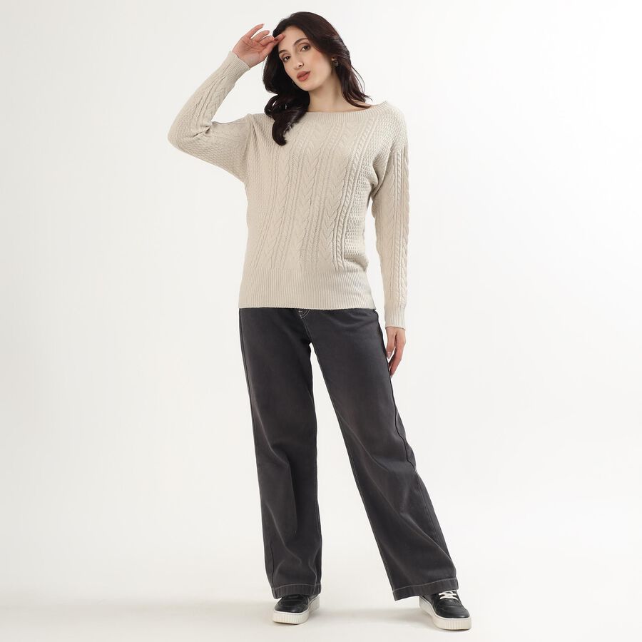 Women's Oatmeal Crew Neck Casual Pullover, ऑफ व्हाइट, large image number null