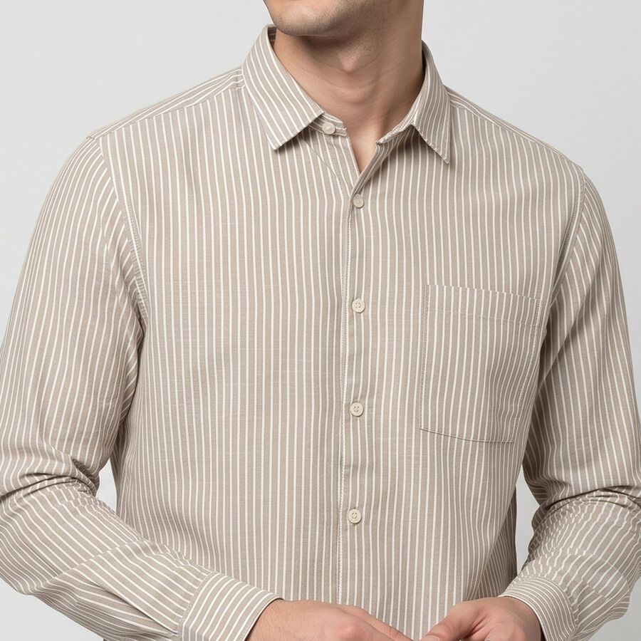 Men's Beige 100% Cotton Long Sleeve Collar Casual Shirt, Beige, large