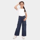 Girls Navy Blue Cargo Fit Washed Jeans, गहरा नीला, small