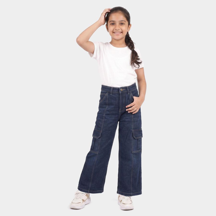 Girls Navy Blue Cargo Fit Washed Jeans, गहरा नीला, large