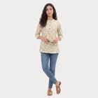 Women's Beige Cotton Mandarin Collar Printed Kurti, Beige, small
