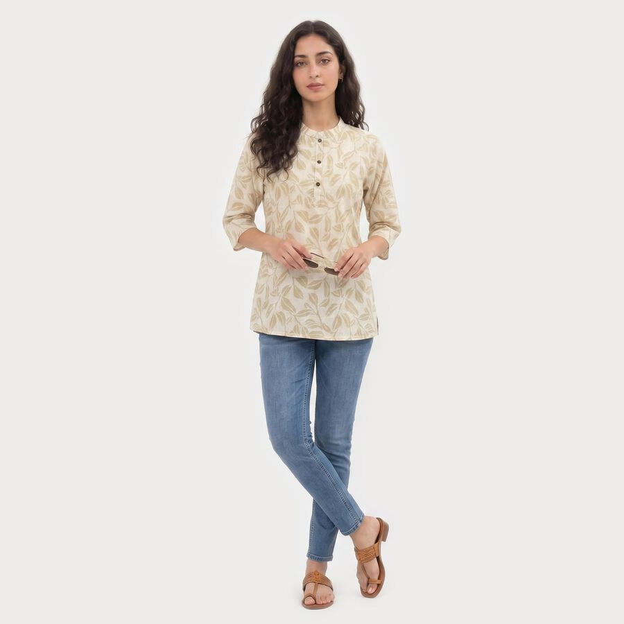 Women's Beige Cotton Mandarin Collar Printed Kurti, Beige, large