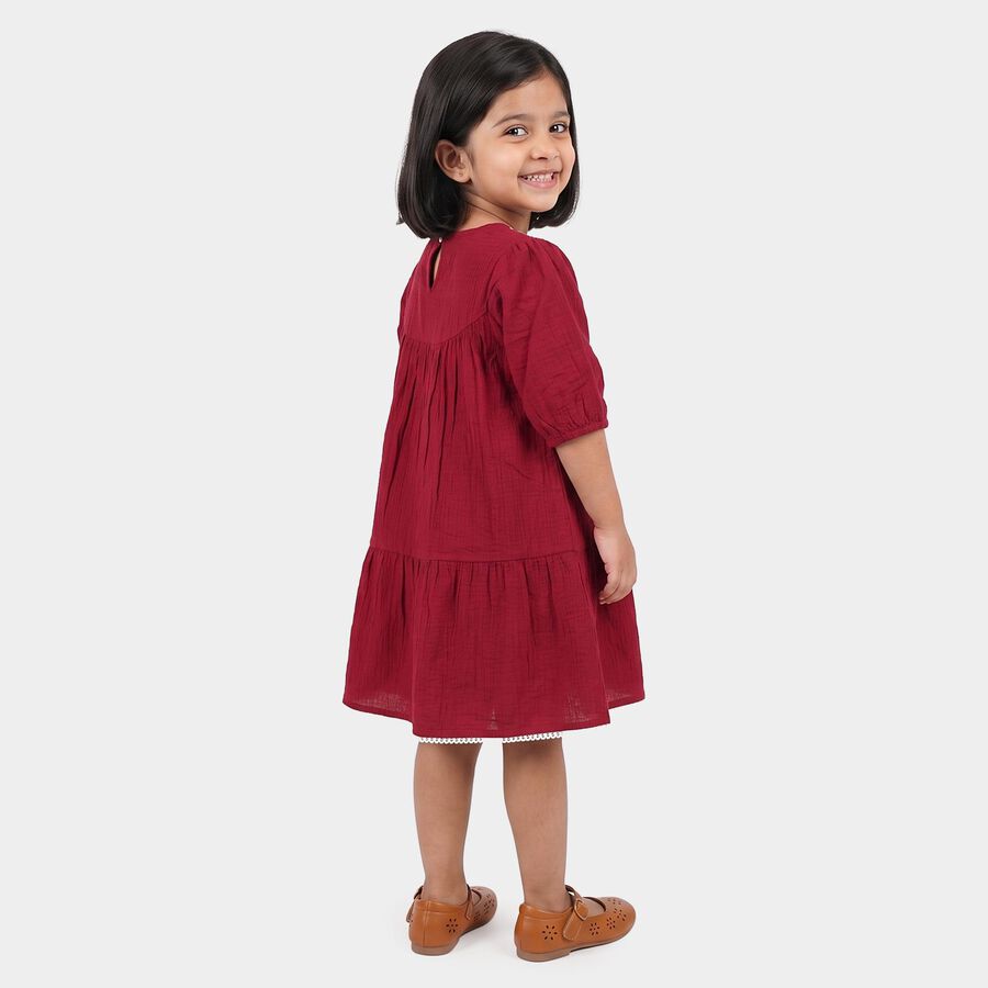 Girls' Maroon Tiered Embroidered Yoke Frock, वाइन, large