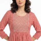 Women's Purple Round Neck Printed Kurti, बैंगनी, small