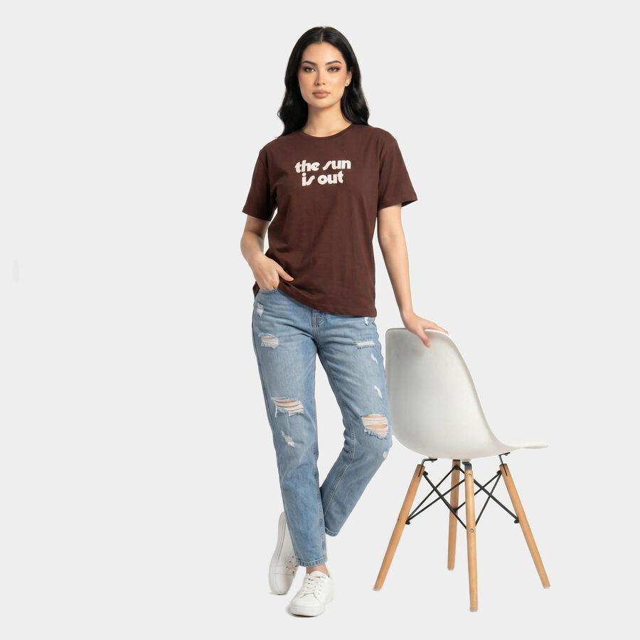 Women's Brown Round Neck Regular T-Shirt, Brown, large