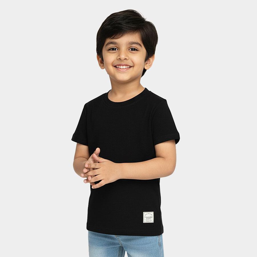 Boys Jet Black Crew Neck Casual T-Shirt, काला, large image number null