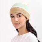 Women's Muted Pastel Green and Beige Color-Blocked Beanie Cap, हल्का हरा, small image number null