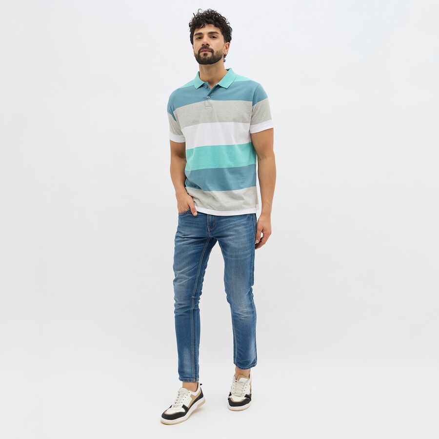 Men's Muted Teal and Grey Polo Collar Casual T-Shirt, Aqua, large image number null