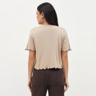 Women's Light Beige Cotton Round Neck Graphic Crop T-Shirt, Beige, small
