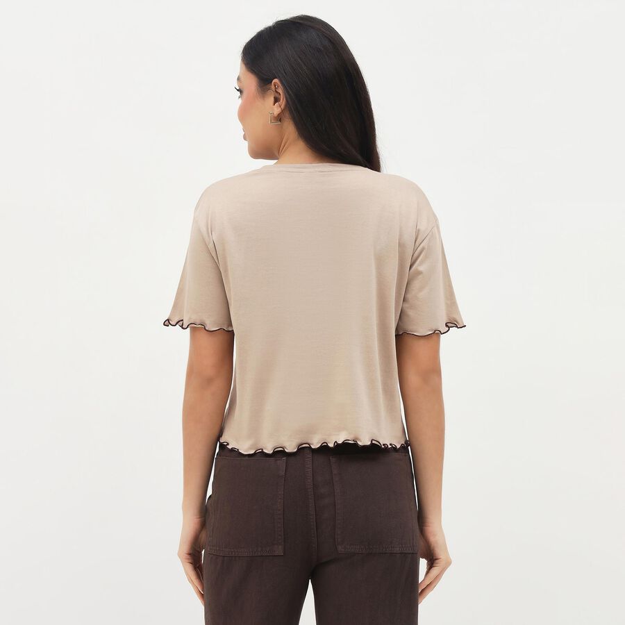 Women's Light Beige Cotton Round Neck Graphic Crop T-Shirt, Beige, large