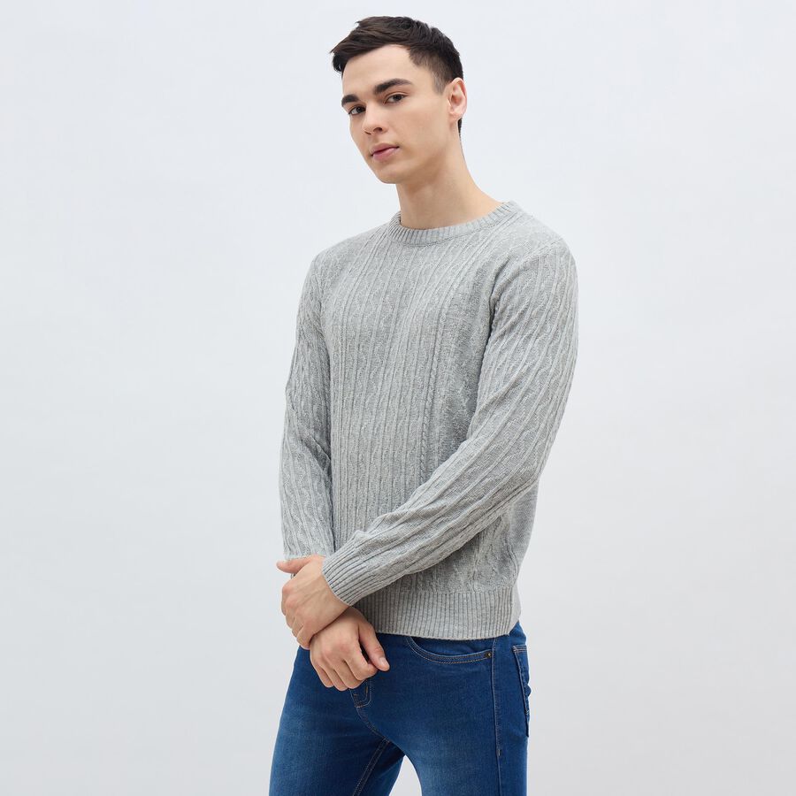 Men's Light Grey Crew Neck Casual Pullover, मिश्रित हल्का ग्रे, large image number null