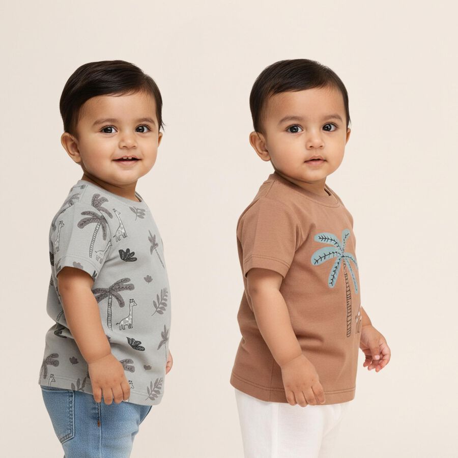 Infants Beige and Grey Cotton Round Neck Casual T-Shirt, Beige, large