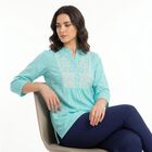 Women's Aqua Cotton Mandarin Collar Embroidered Kurti, एक्वा, small