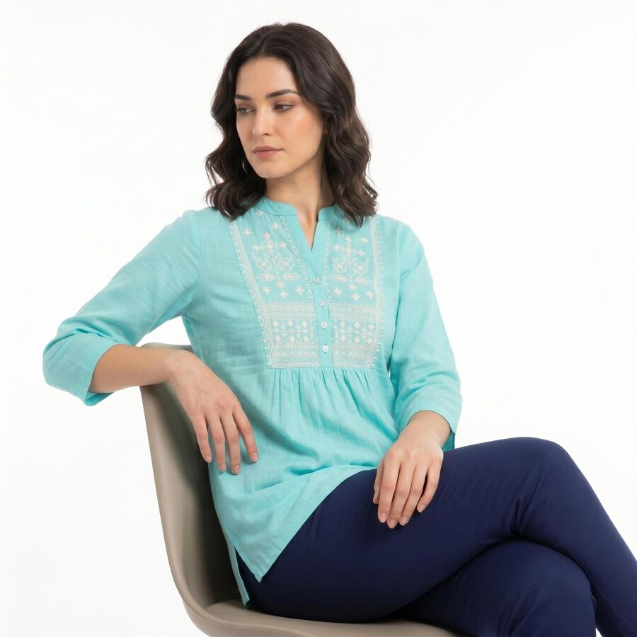 Women's Aqua Cotton Mandarin Collar Embroidered Kurti, एक्वा, large