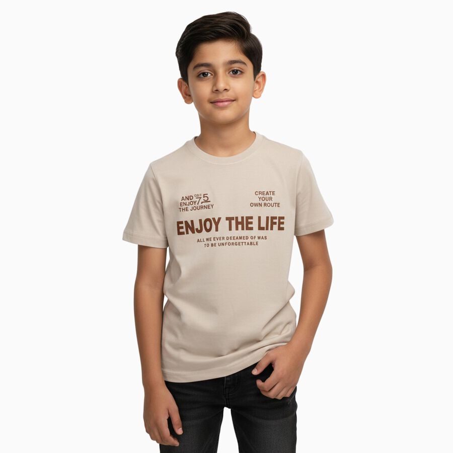 Boys Light Beige Round Neck Casual Half Sleeve T-Shirt, Beige, large