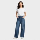Women's Blue Wide Leg Fit Faded Jeans, गहरा नीला, small