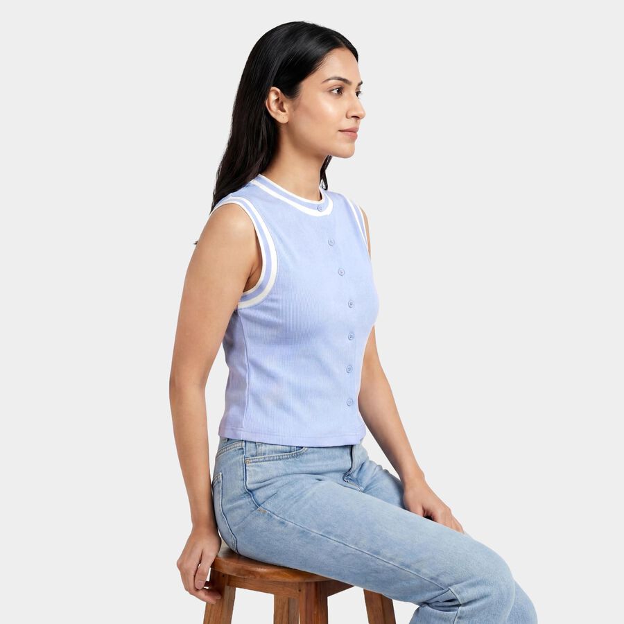 Women's Light Blue Round Neck Casual Top, हल्का नीला, large