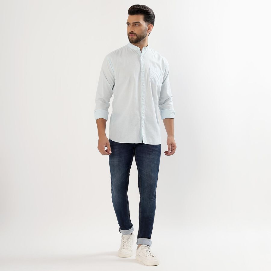 Men's Light Powder Blue Cotton Mandarin Collar Casual Shirt, हल्का नीला, large