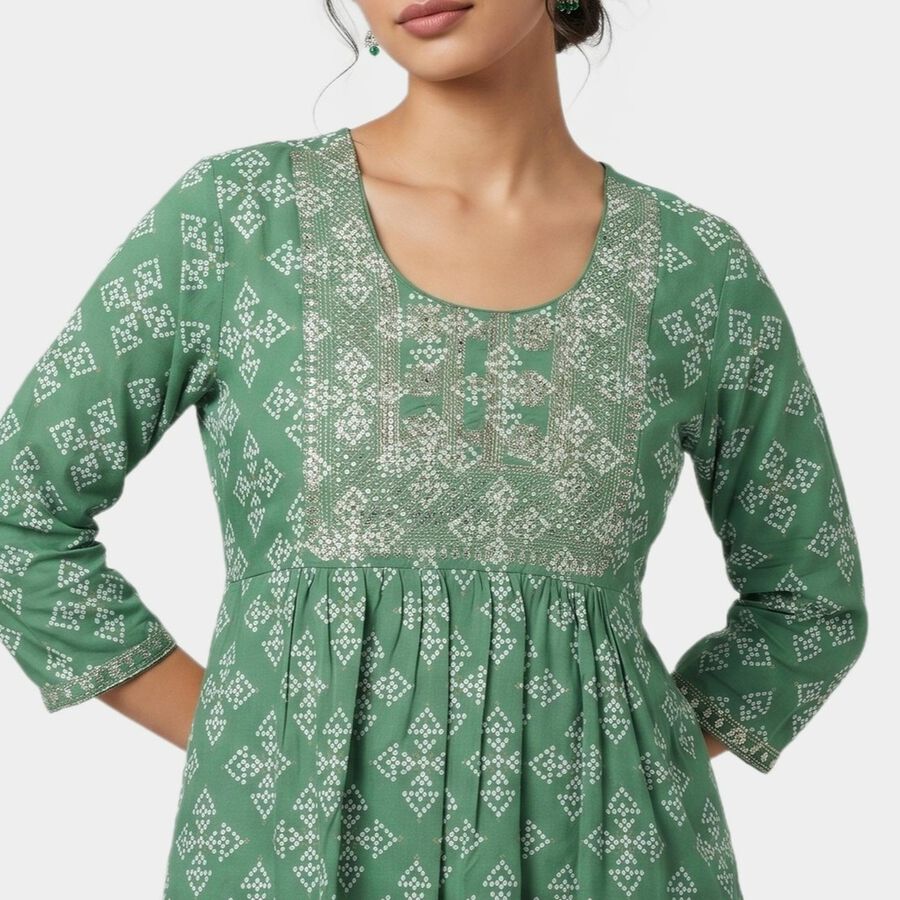 Women's Green Round Neck Printed Kurti, हल्का हरा, large