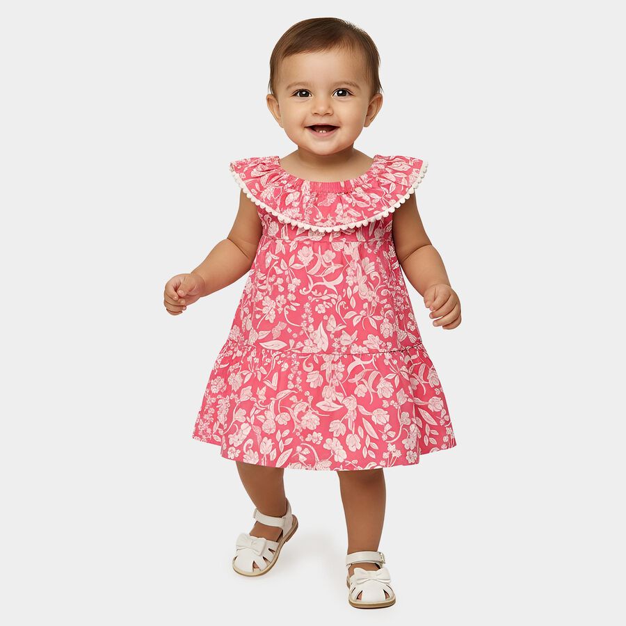 Infant Girls' Pink Regular Fit Floral Printed Tiered Frock, Pink, large