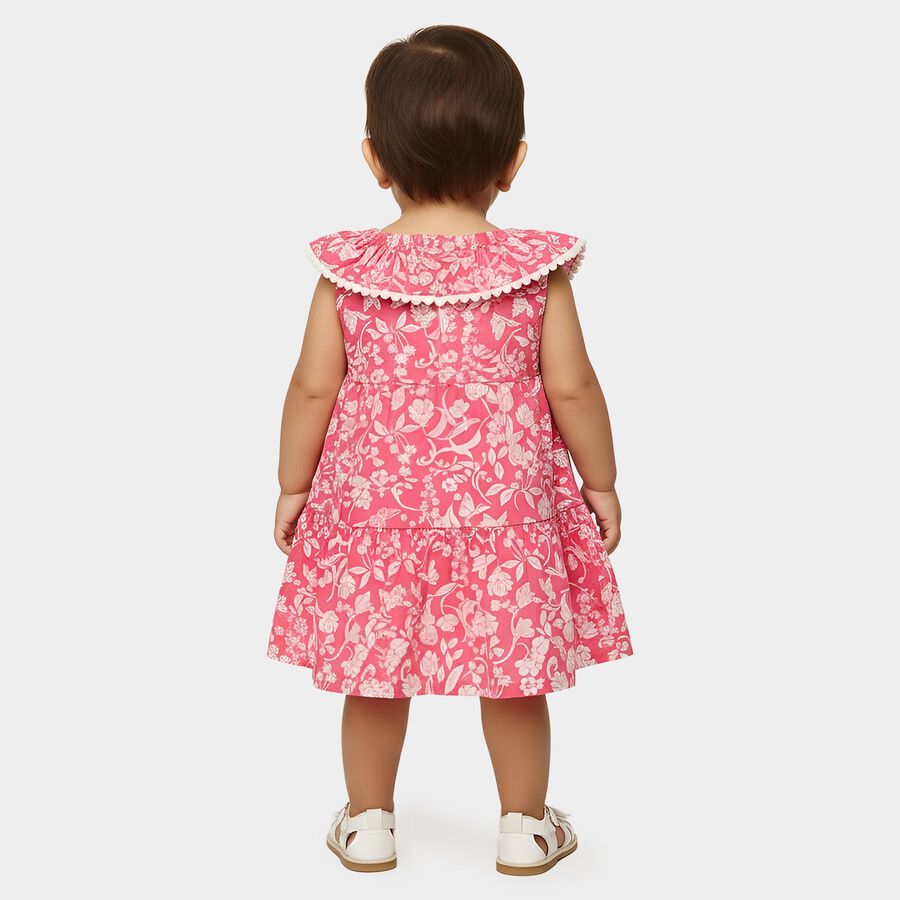 Infant Girls' Pink Regular Fit Floral Printed Tiered Frock, Pink, large