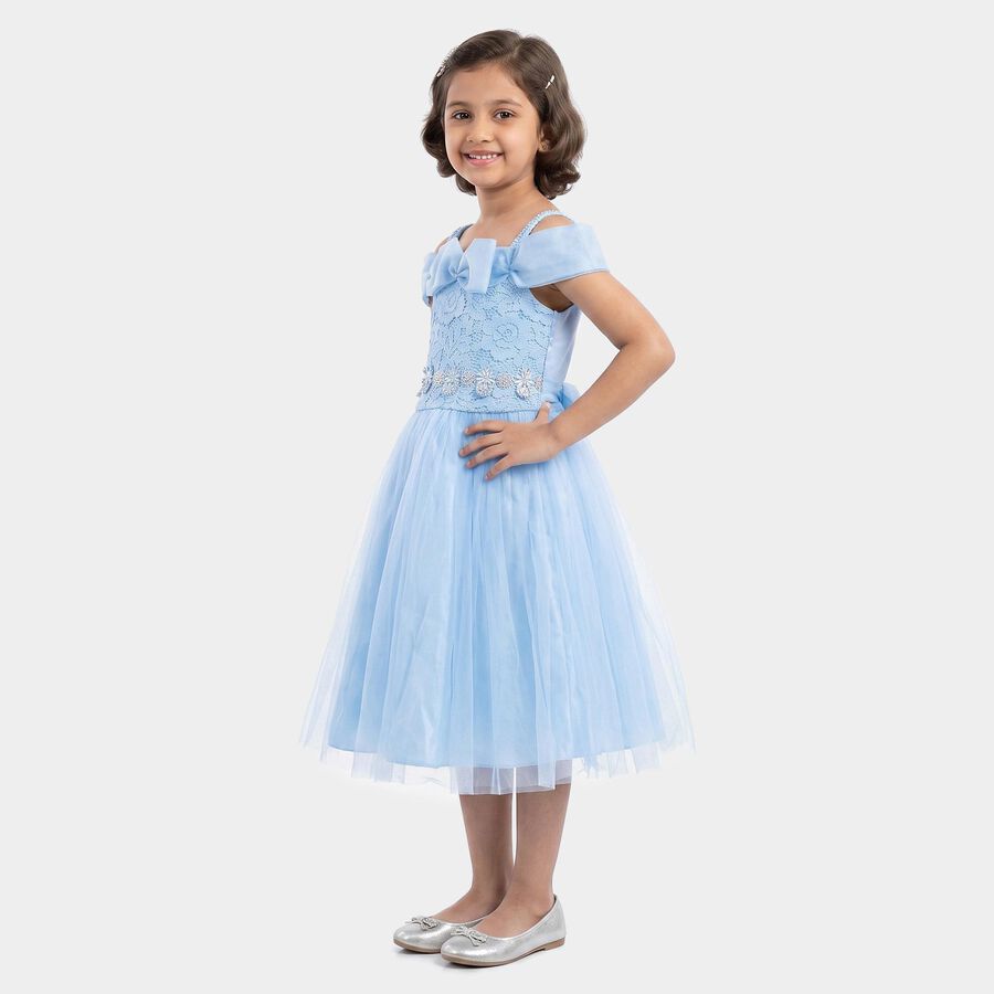 Girls' Light Blue Fit and Flare Bow Detail Party Wear Frock, Light Blue, large
