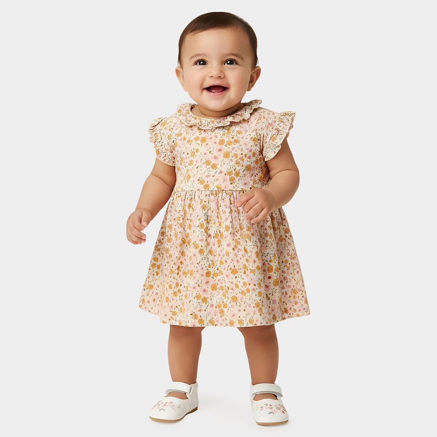 Infants' Off White Regular Fit Floral Printed Ruffle Collar Frock, Off White, large