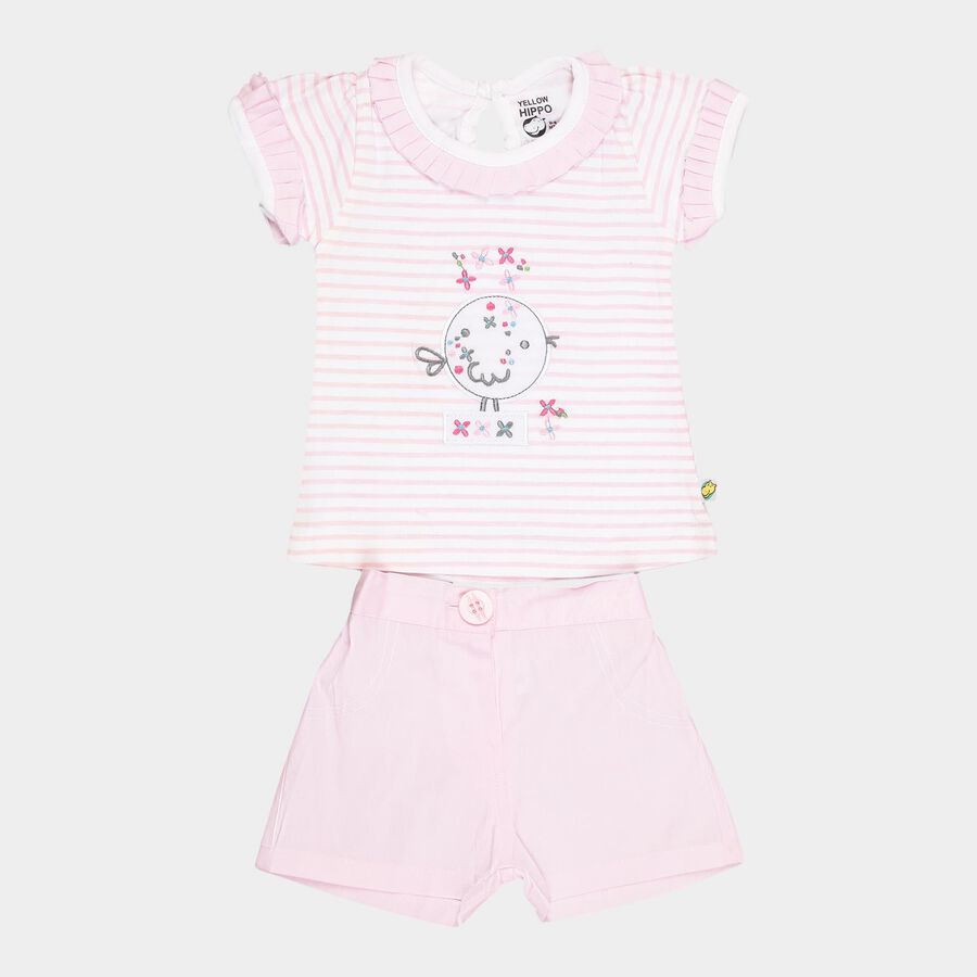 Infants Yellow Hippo Cotton Round Neck Shorts Set, Light Pink, large image number null