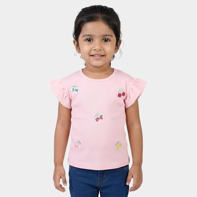 Girls' Pink Cotton Round Neck Casual T-Shirt