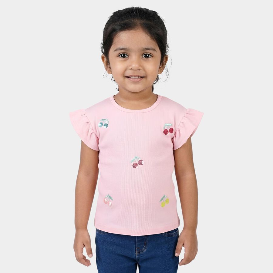 Girls' Pink Cotton Round Neck Casual T-Shirt, Light Pink, large
