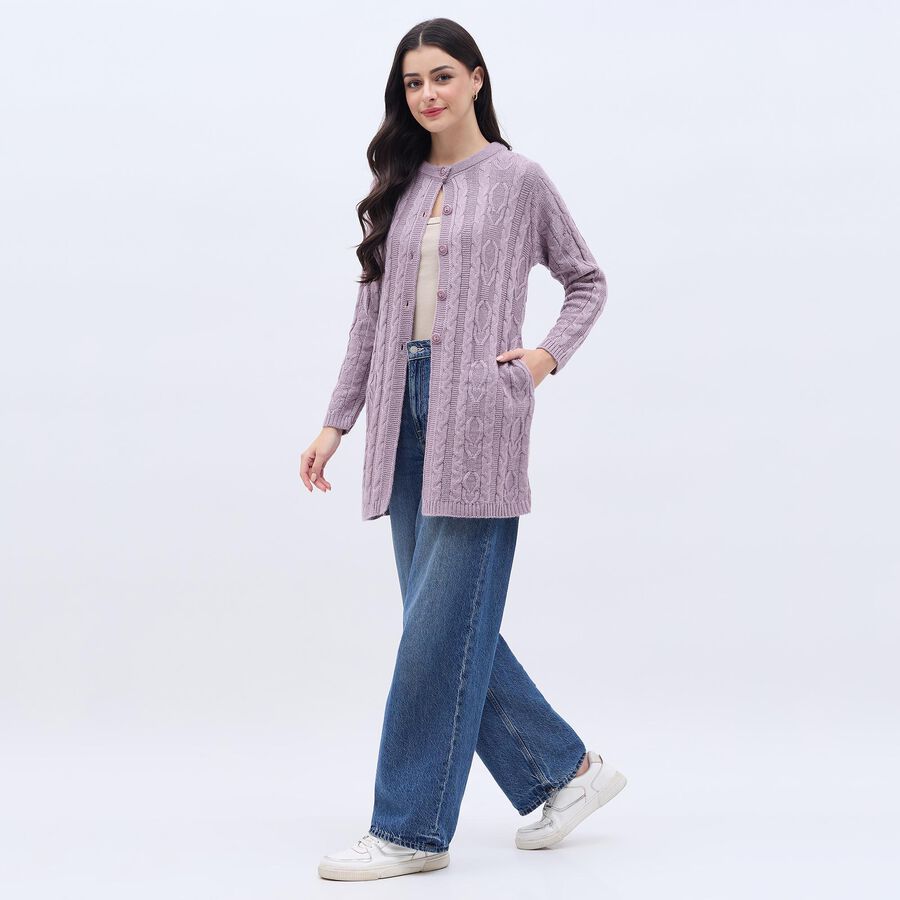 Women's Lavender Round Neck Casual Cardigan, लाइलेक, large image number null