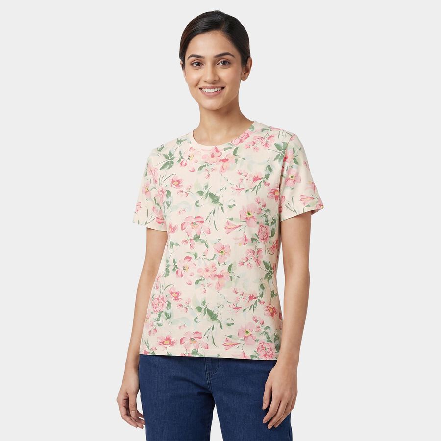 Women's Beige Round Neck Graphic T-Shirt, गहरा पीला, large