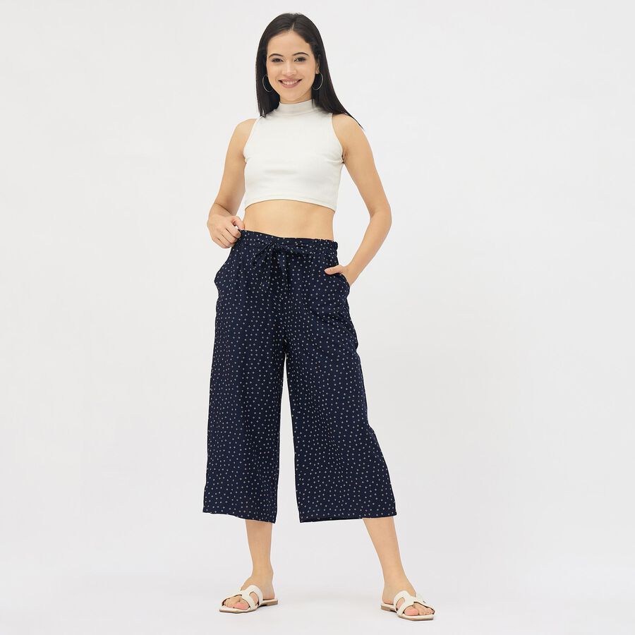 Ladies' Dark Navy Blue Regular Fit Flared Printed Capri, Navy Blue, large image number null