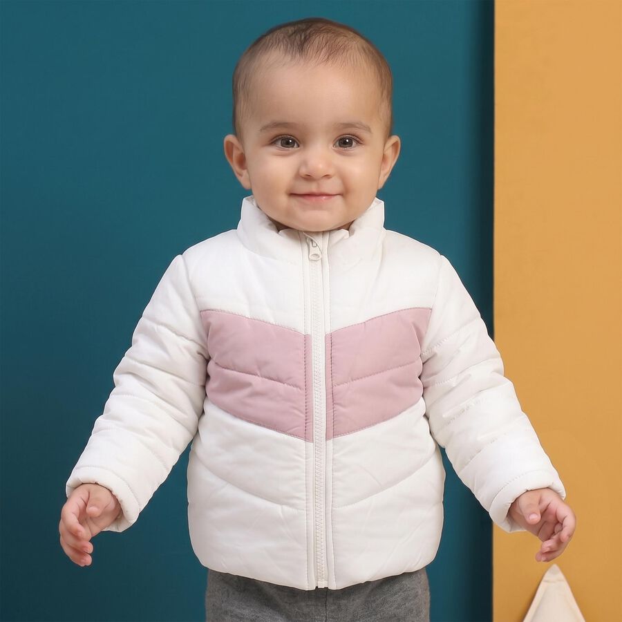 Infants Light Pink Stand Collar Puffer Jacket, हल्का गुलाबी, large