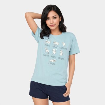 Women Light Blue Cotton Round Neck Regular T-Shirt
