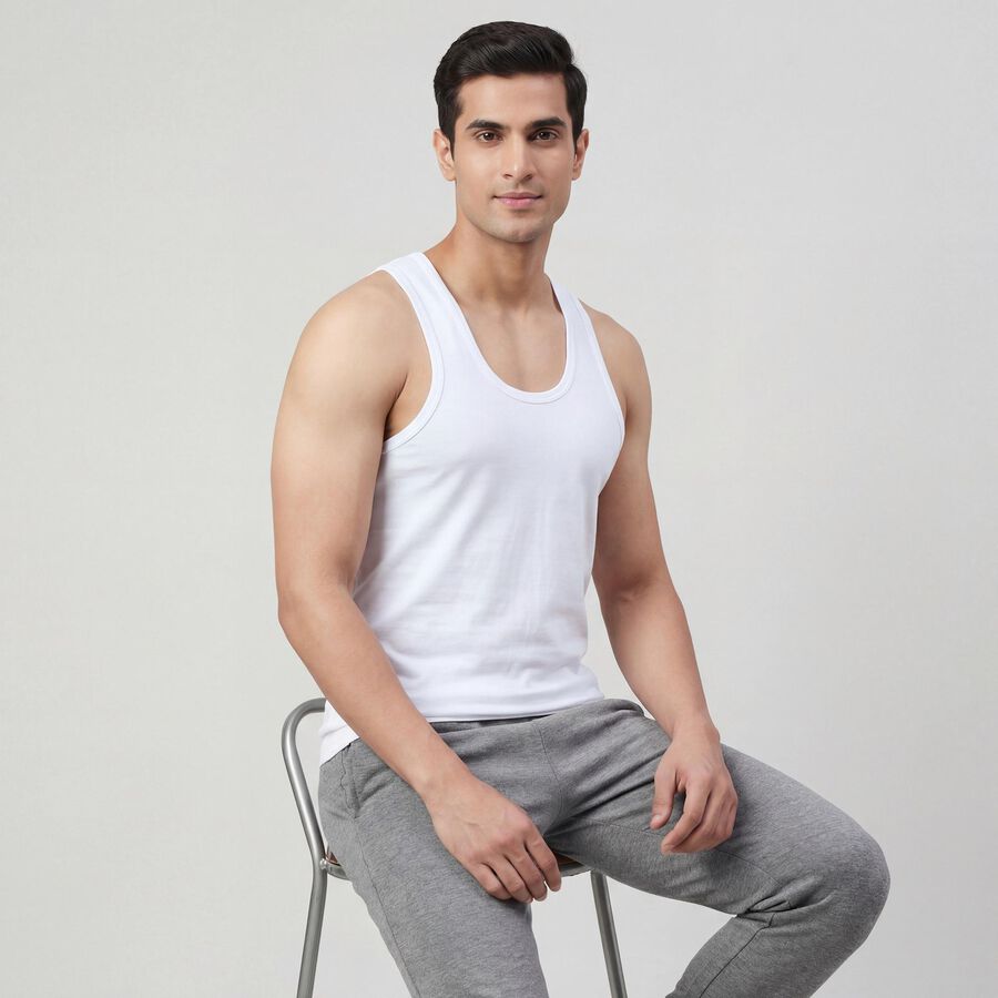 Men's White Cotton Round Neck Classic Vest, सफ़ेद, large