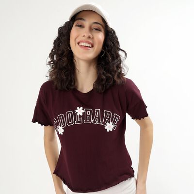 Women's Deep Wine Cotton Round Neck Casual T-Shirt