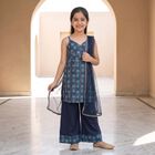 Girls Navy Blue V Neck Fusion Set Upper and Bottom Set, Navy Blue, small