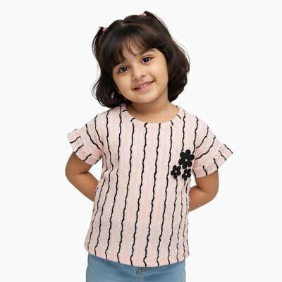 Girls Light Pink Round Neck Casual T-Shirt