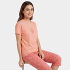 Women's Peach Round Neck Printed Night Suit, पीच, small