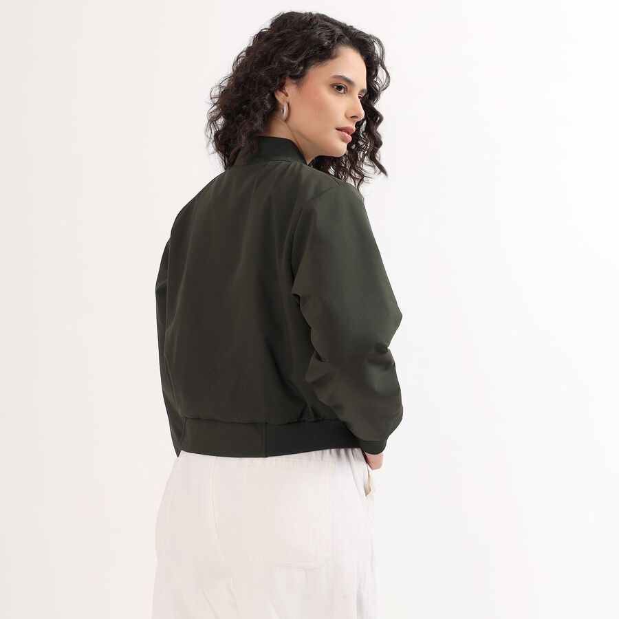 Women's Dark Olive Green Zip Bomber Jacket, Olive, large image number null